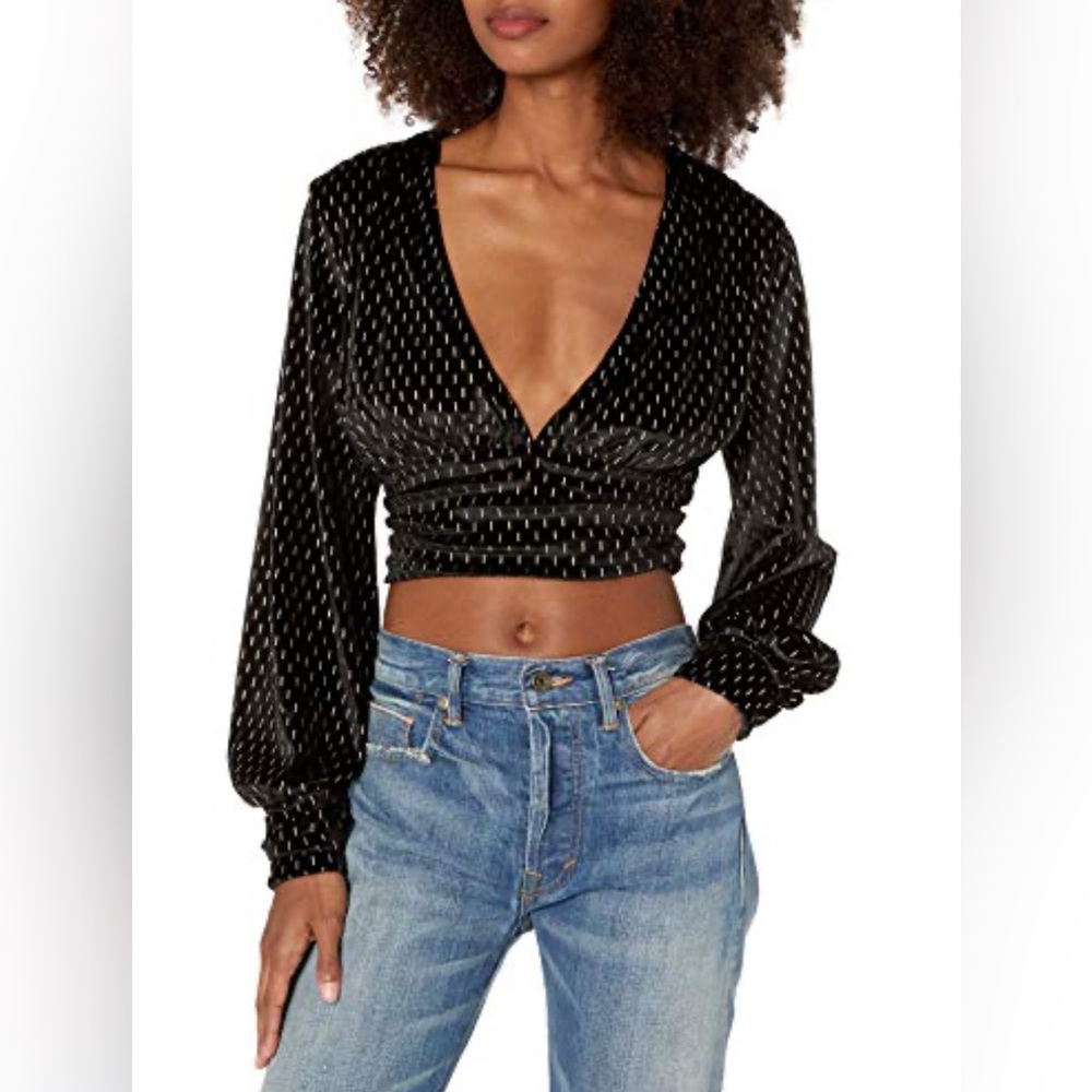 House of Harlow 1960 Black Velvet V-Neck Crop Blouse with Gold detail Blouse XXS